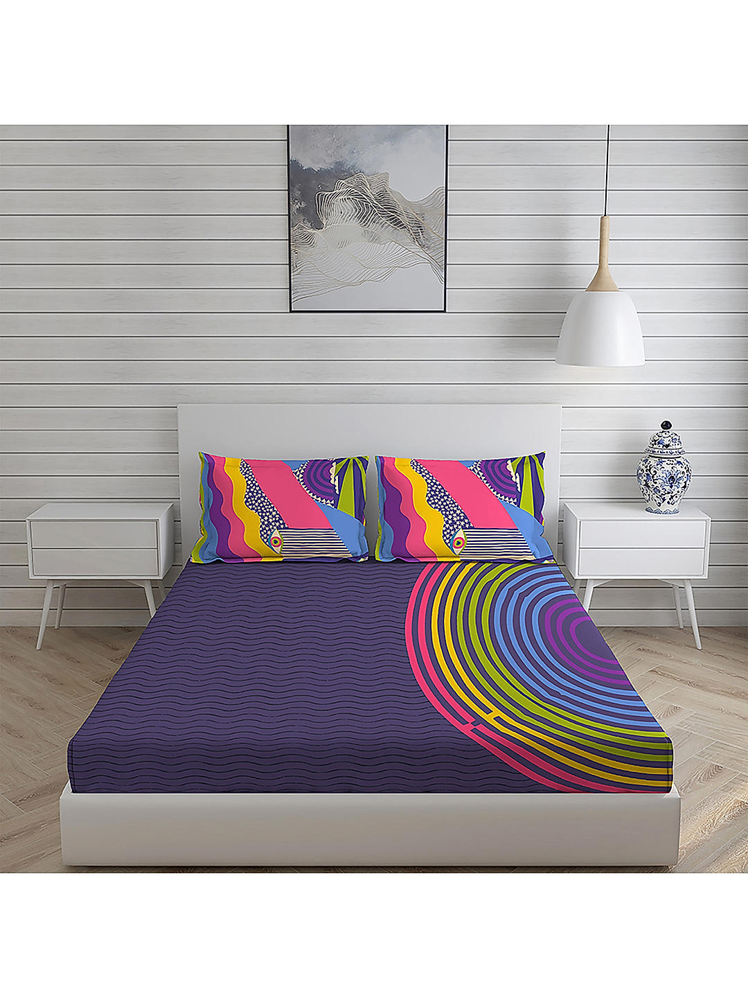 Happy Hippie 150 TC Cotton Super Fine Blue Colored Abstract Print King Bed Sheet Set