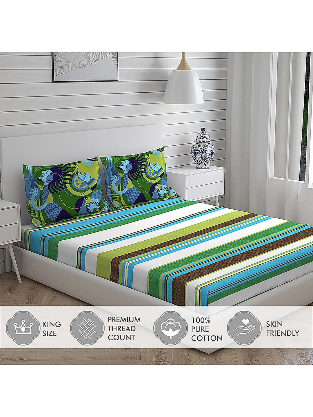 Rasta Rhyms 100% cotton Fine Multi Colored Stripes Print King Bed Sheet Set