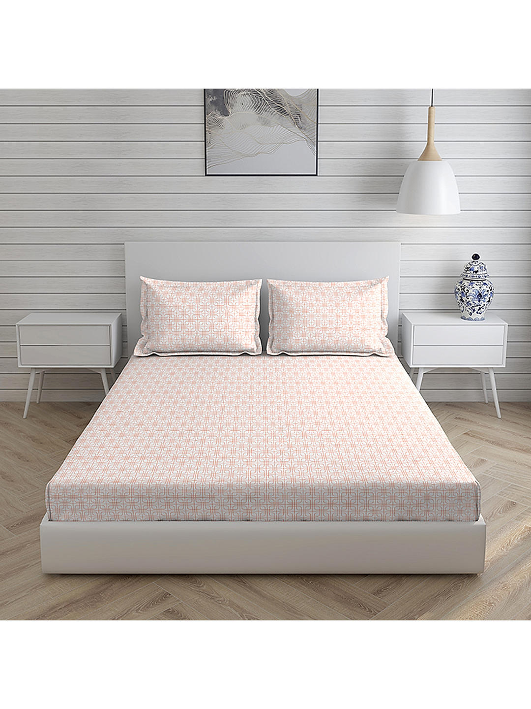 Cottage Garden-1 300 TC 100% cotton Ultra Fine White/Orange Colored Geometric Print Double Bed Sheet Set
