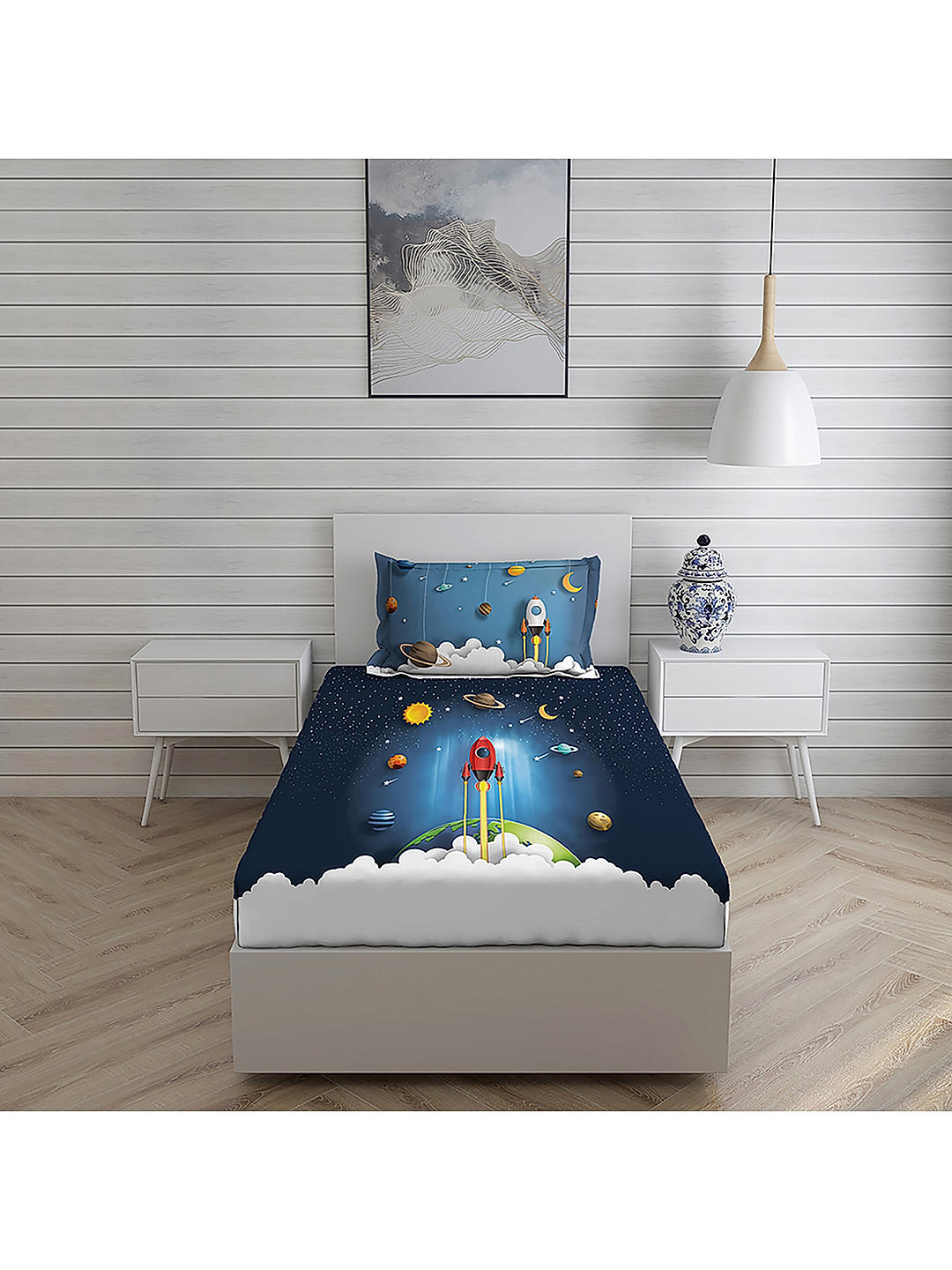 Rock & Room 100% cotton Fine Dark Blue Colored Cartoon Print Single Bed Sheet Set