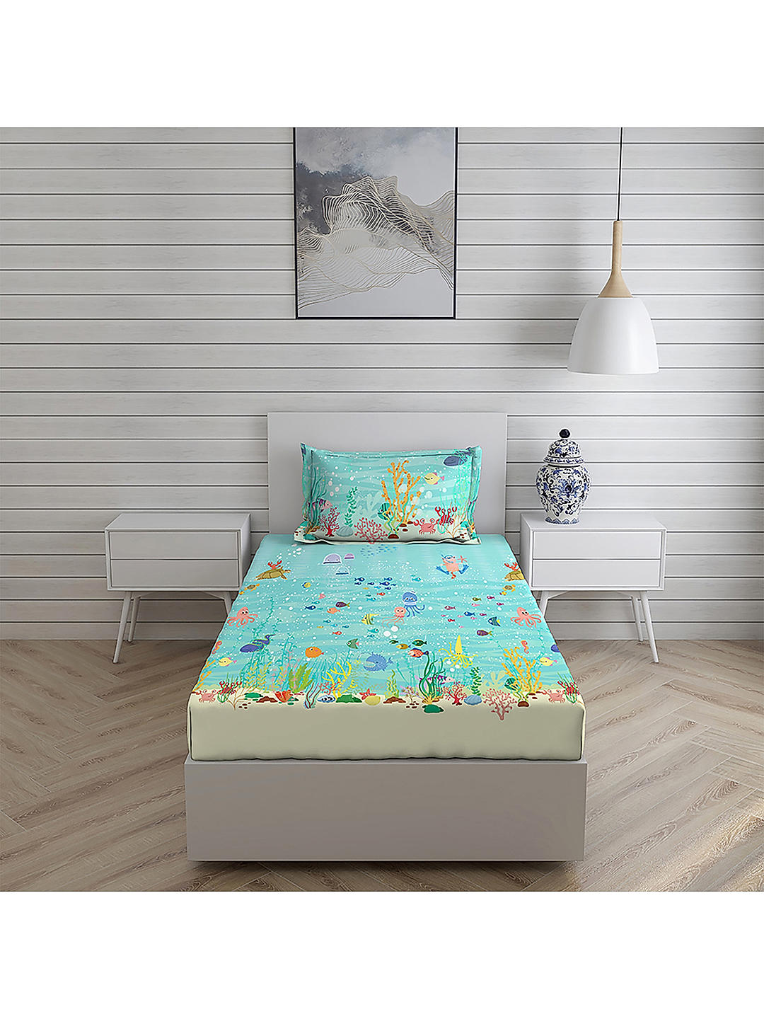 Rock & Room 150 TC Cotton Fine Sea Blue Colored Cartoon Print Single Bed Sheet Set