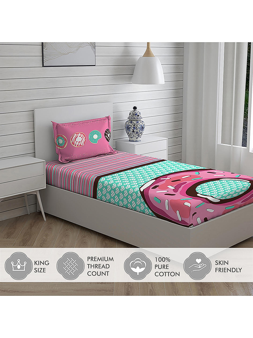 Rock & Room Cotton Fine Sea Blue/Pink Colored Cartoon Print Single Bed Sheet Set