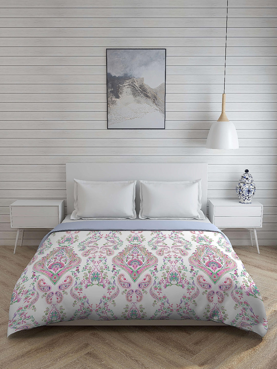 Heirlooms Of India 300 TC Cotton Ultra Fine White/Purple Colored Ethnic Print Double Comforter