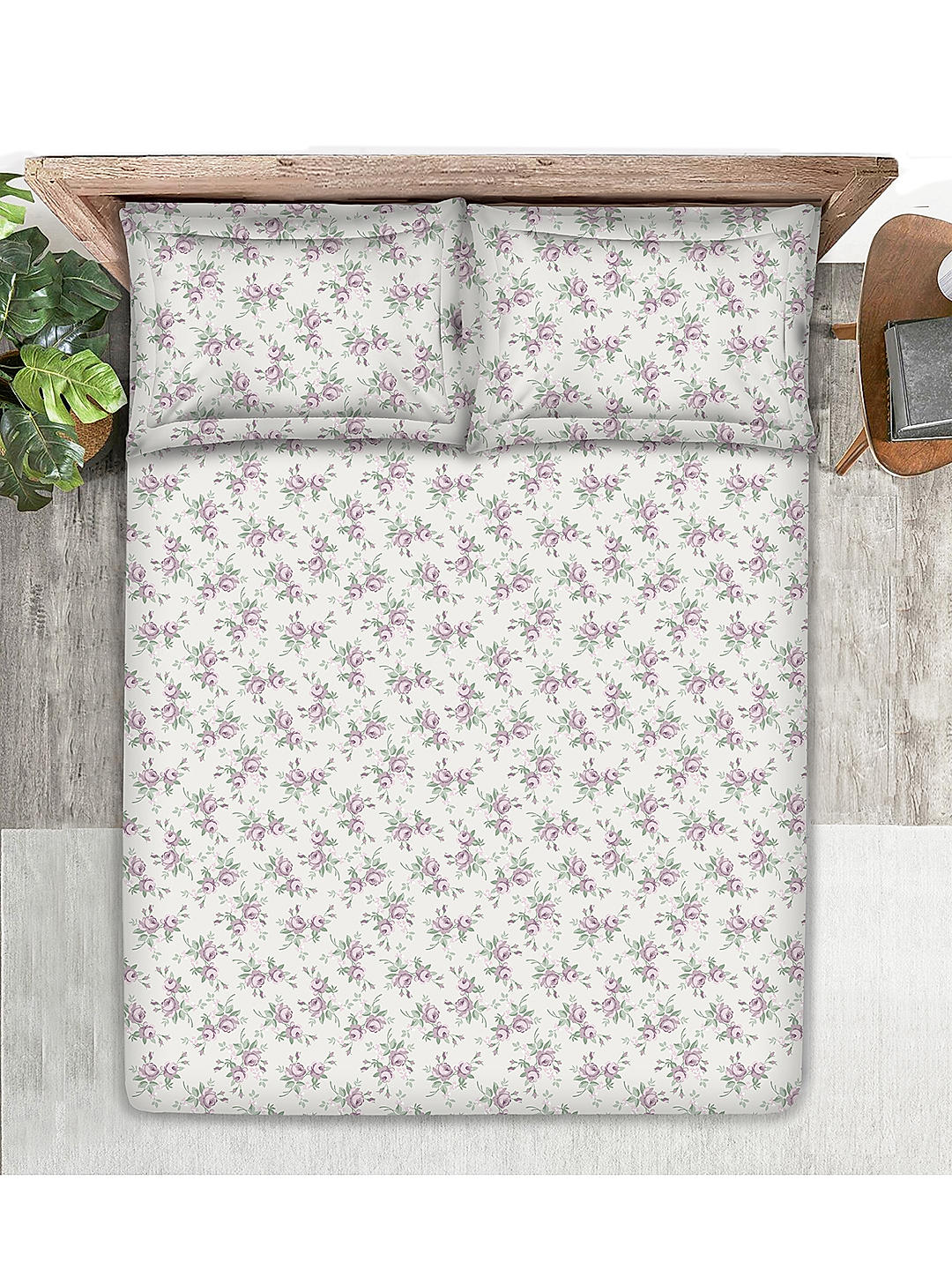 Regent Park 200 TC Cotton-TENCEL™ Super Fine White/Purple Colored Floral Print King Bed Sheet Set