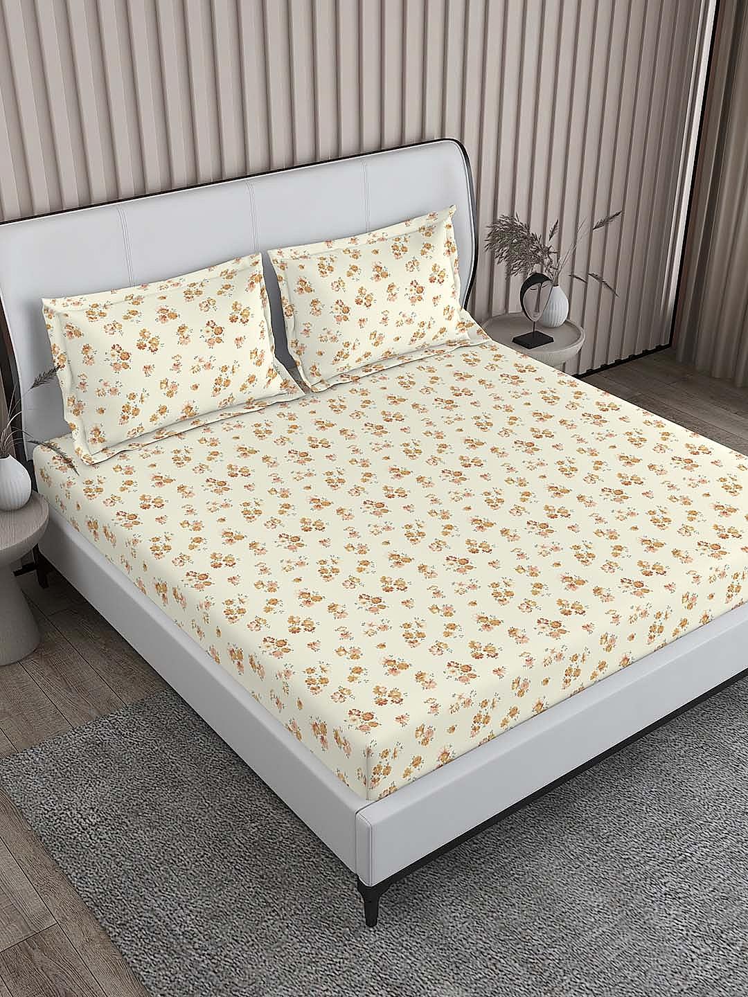 Regent Park 200 TC Cotton-TENCEL™ Super Fine Pale Yellow Colored Floral Print King Bed Sheet Set