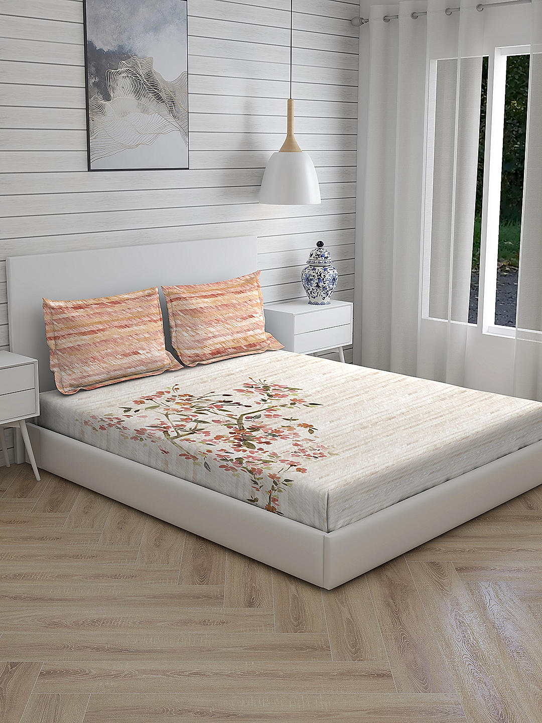 Angelite 270 TC 100% cotton Super Fine Beige Colored Floral Print King Bed Sheet Set