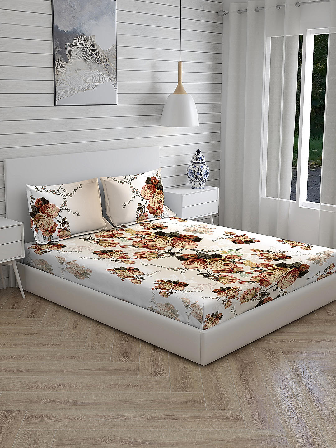 Angelite 270 TC 100% cotton Super Fine Beige/Brown Colored Floral Print King Bed Sheet Set