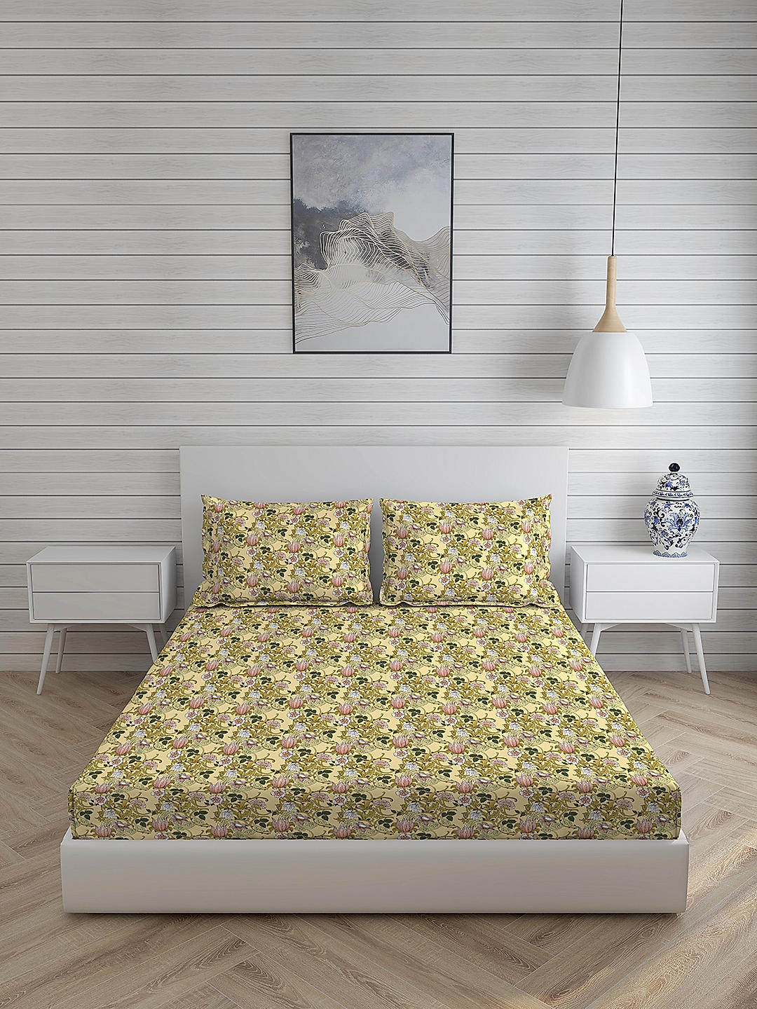 Angelite 270 TC 100% cotton Super Fine Yellow Colored Floral Print King Bed Sheet Set