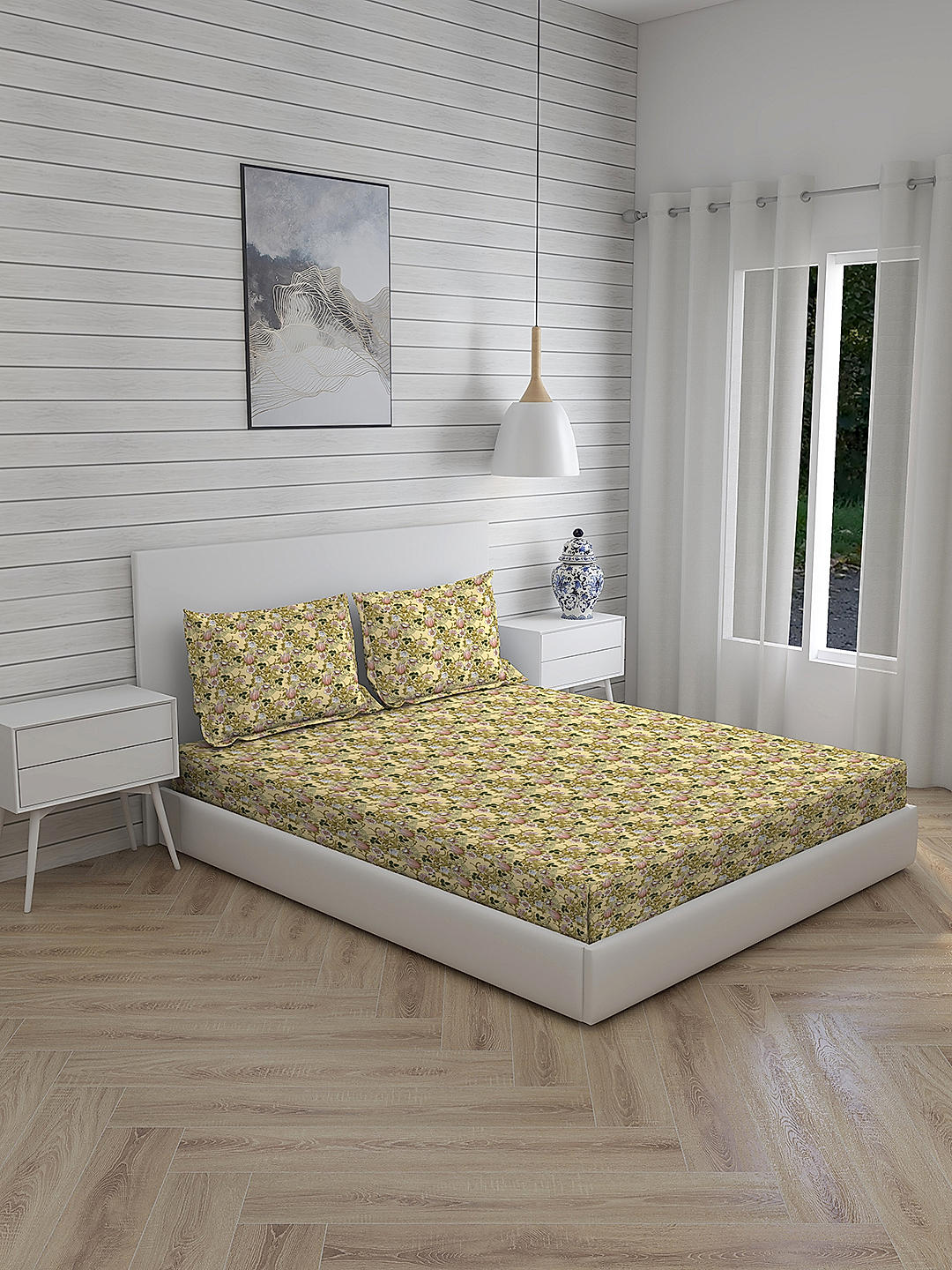 Angelite 270 TC 100% cotton Super Fine Yellow Colored Floral Print King Bed Sheet Set