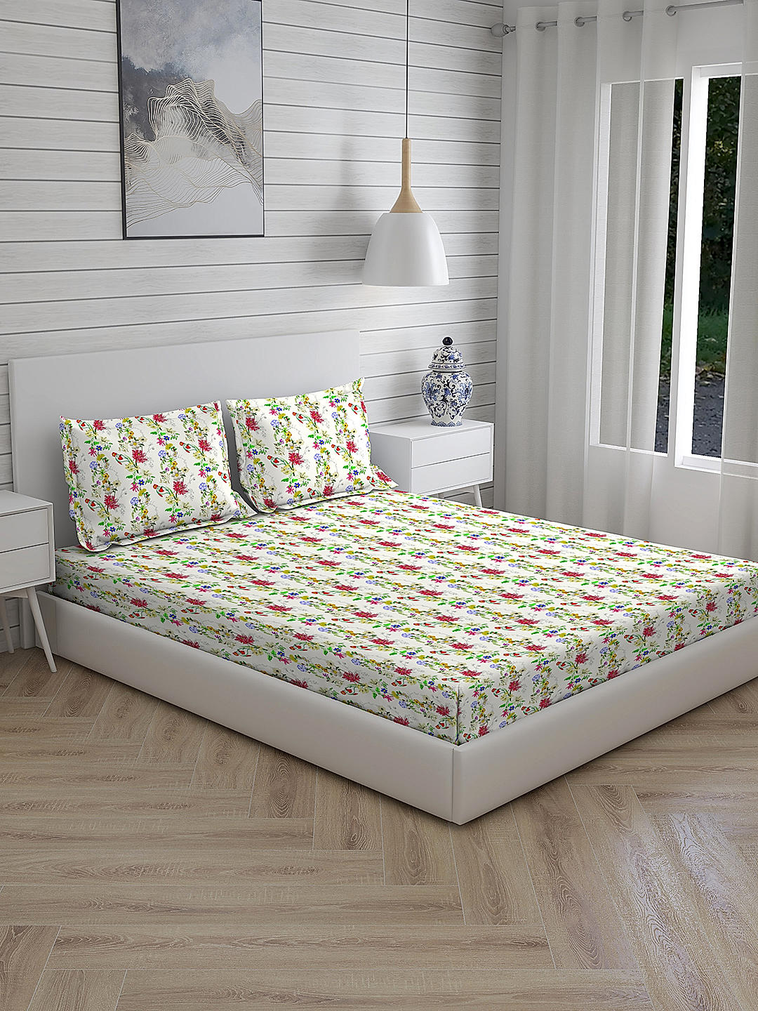 Angelite 270 TC 100% cotton Super Fine Multi Colored Floral Print King Bed Sheet Set
