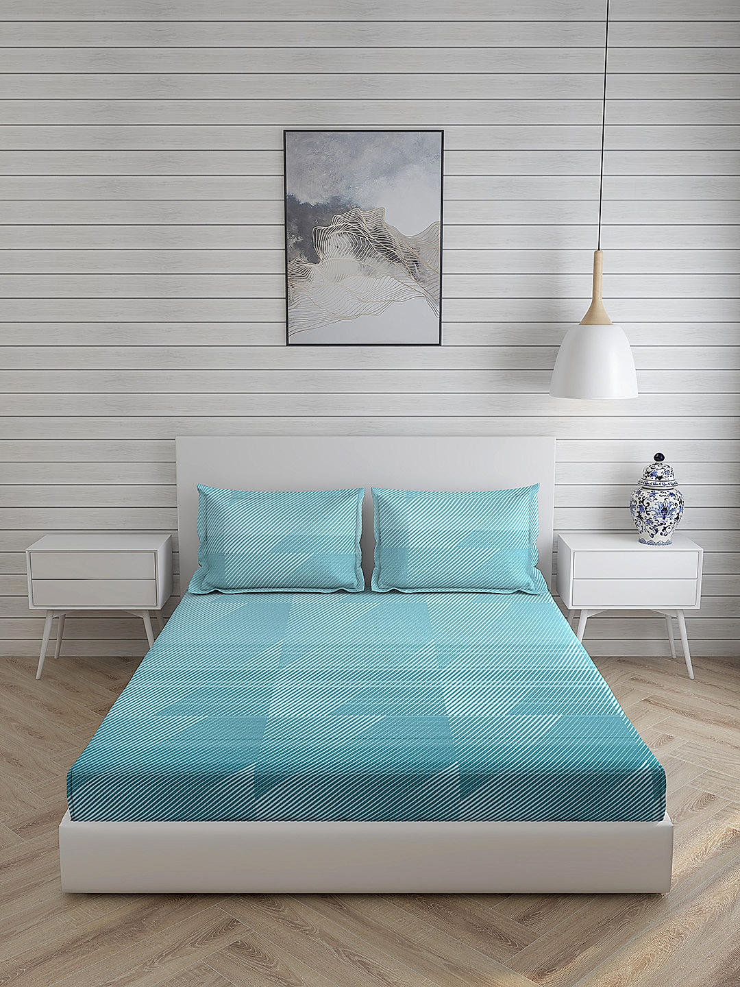 Mystic Hues 270 TC 100% cotton Super Fine Blue Colored Geometric Print King Bed Sheet Set
