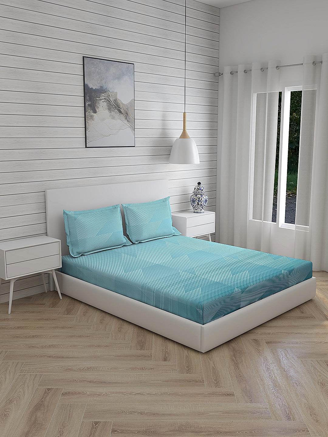 Mystic Hues 270 TC 100% cotton Super Fine Blue Colored Geometric Print King Bed Sheet Set