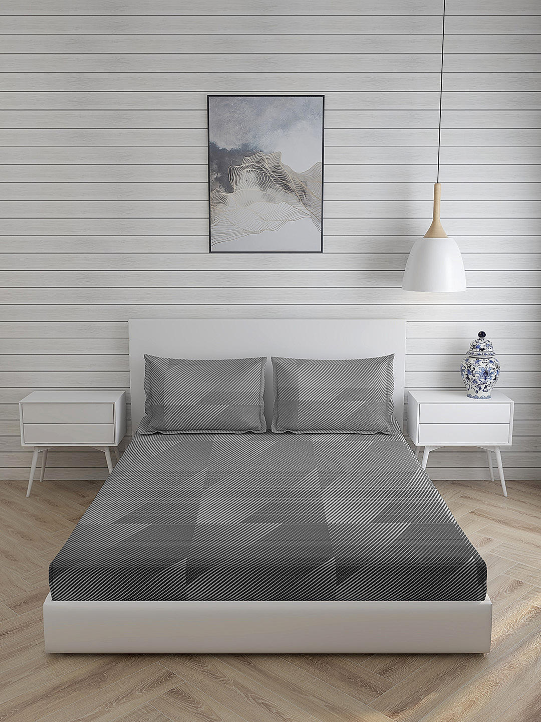 Mystic Hues 270 TC 100% cotton Super Fine Grey Colored Geometric Print King Bed Sheet Set