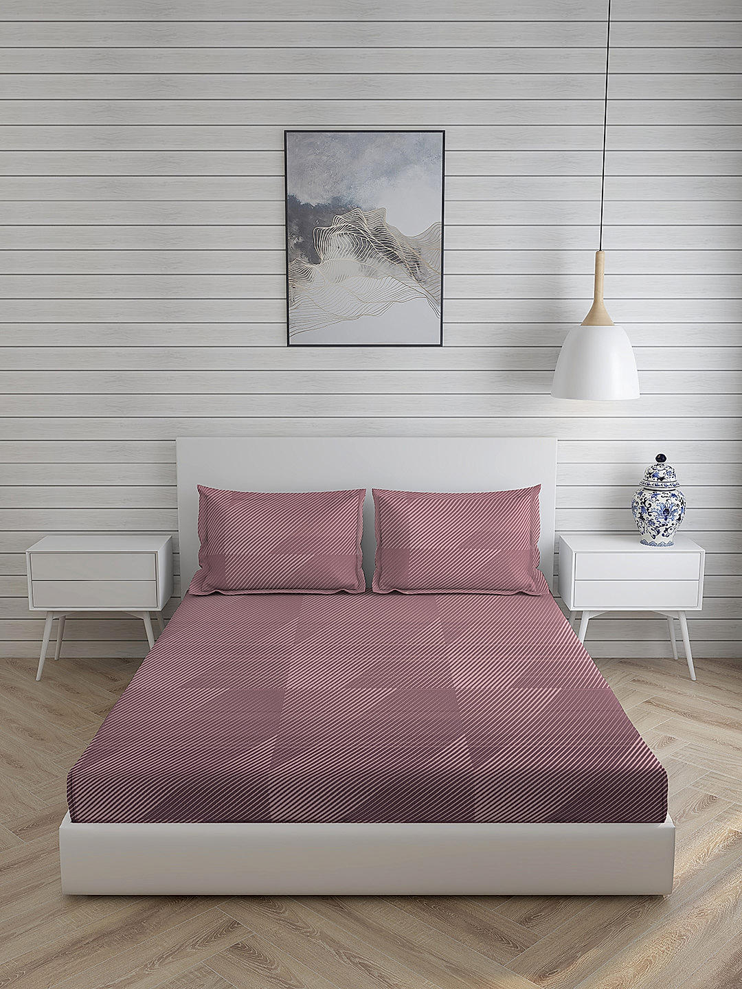 Mystic Hues 270 TC 100% cotton Super Fine Purple Colored Geometric Print King Bed Sheet Set