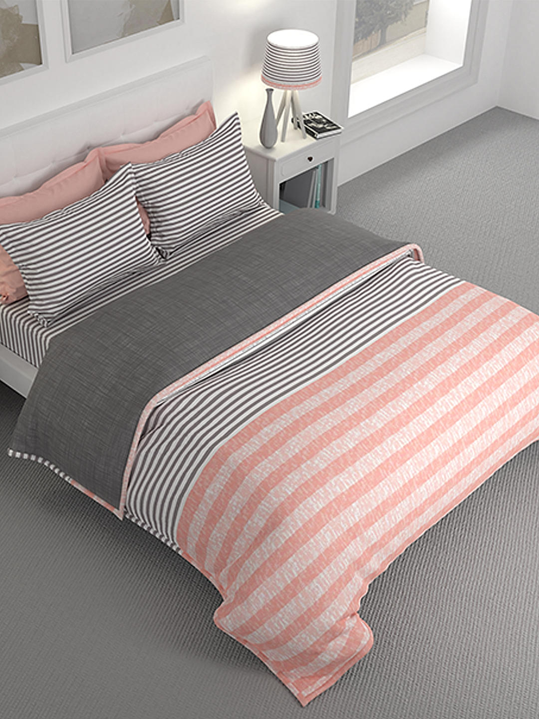 Stripe Tease Cotton Fine Peach/Grey Colored Stripes Print King Bed Sheet Set