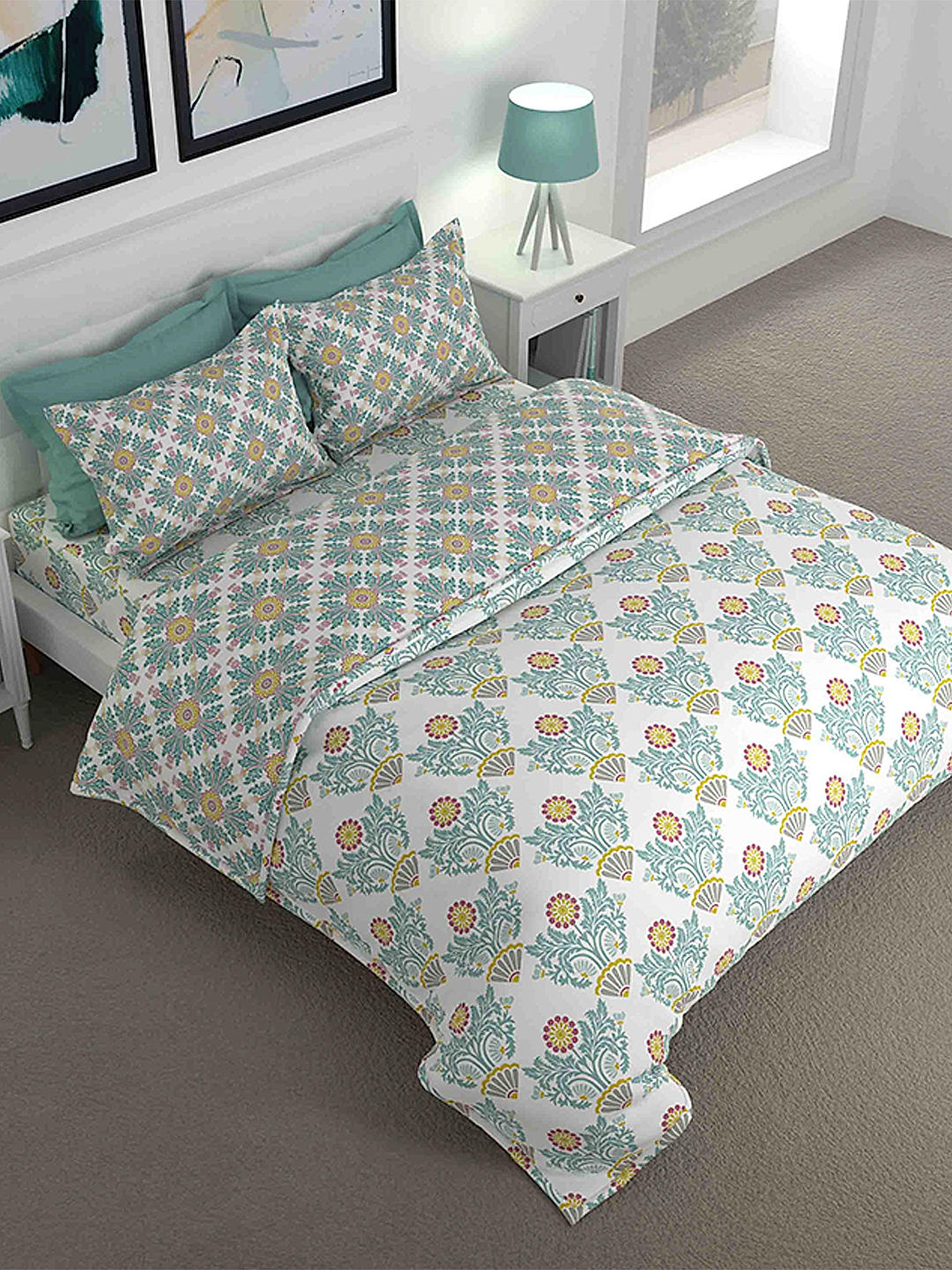 Florian Cotton Fine Multi Colored Floral Print King Bed Sheet Set