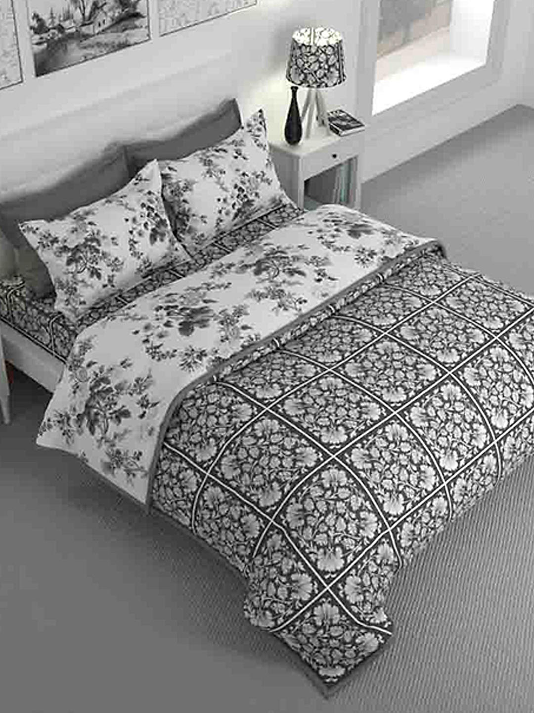 Florian Cotton Fine White/Black Colored Floral Print King Bed Sheet Set