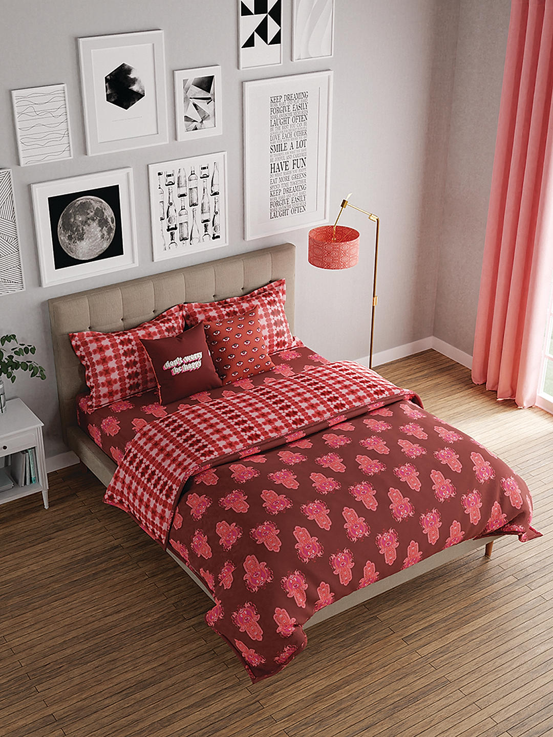Hamsa Healing 100% Cotton Fine Maroon Colored Abstract Print King Bed Sheet Set