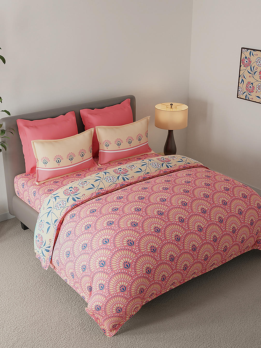 Jade Cotton 220 TC Double Bedsheet Set with Comforter (Peach)