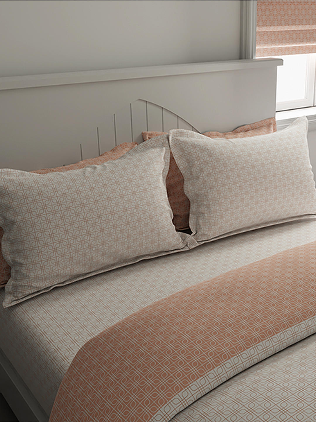 Cottage Garden-1 300 TC 100% cotton Ultra Fine White/Orange Colored Geometric Print Double Bed Sheet Set