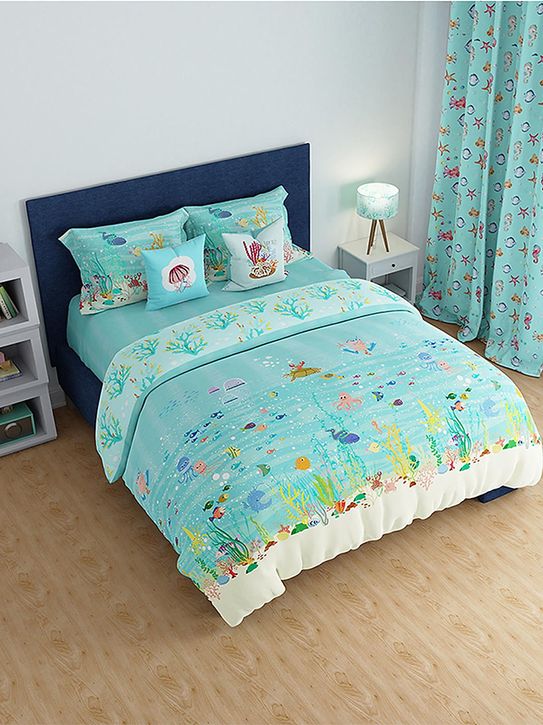 Rock & Room 150 TC Cotton Fine Sea Blue Colored Cartoon Print Single Bed Sheet Set