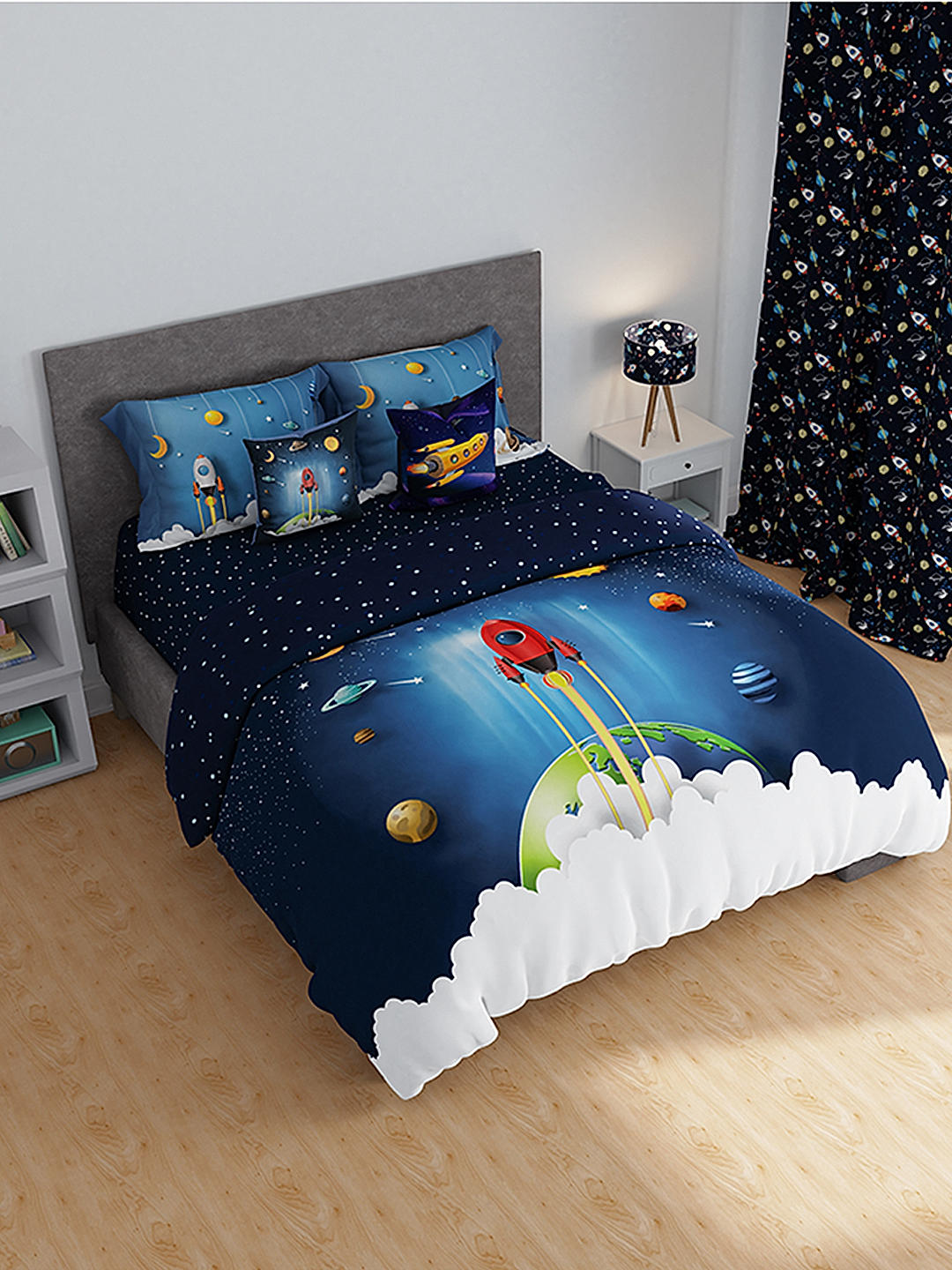 Rock & Room 100% cotton Fine Dark Blue Colored Cartoon Print Double Comforter