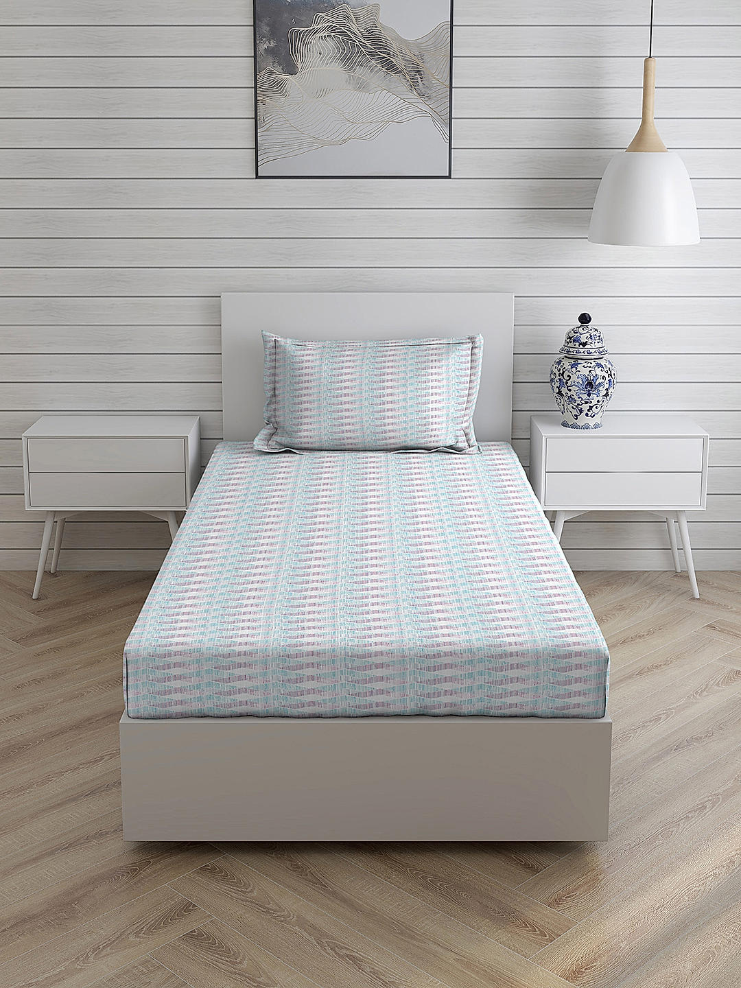 Iris Gaze-2 100% cotton Fine Blue Colored Stripes Print Single Bed Sheet Set
