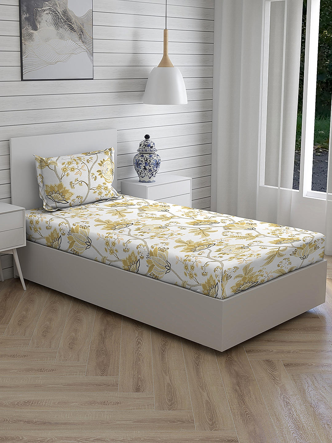 Iris Gaze-2 100% cotton Fine White/Yellow Colored Floral Print Single Bed Sheet Set