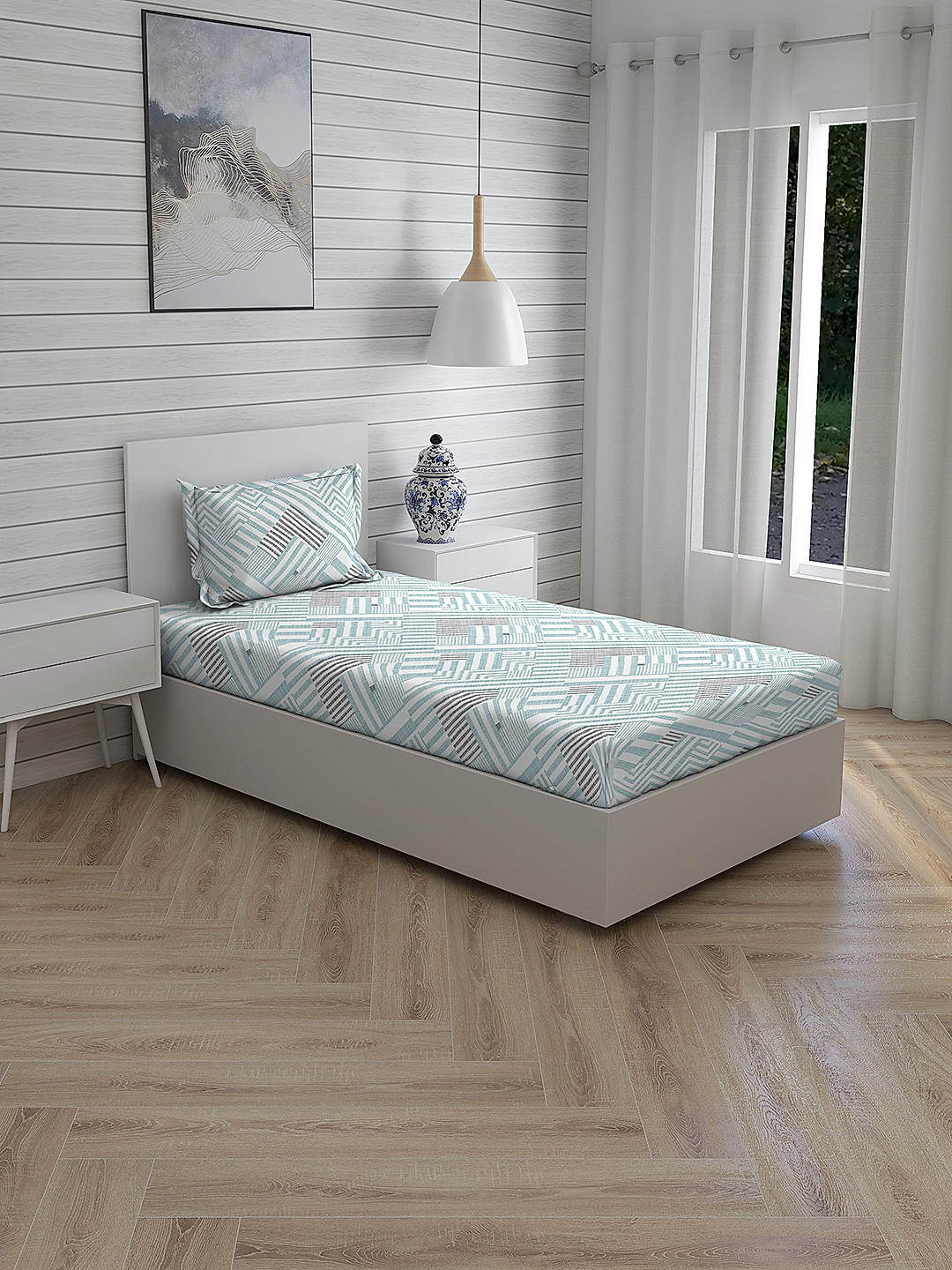 Iris Gaze-2 100% cotton Fine Blue Colored Geometric Print Single Bed Sheet Set