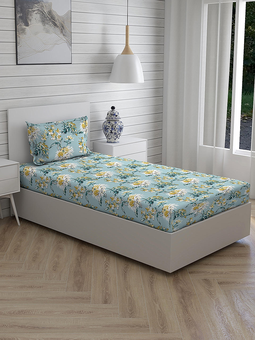 Iris Gaze-2 100% cotton Fine Blue Colored Floral Print Single Bed Sheet Set