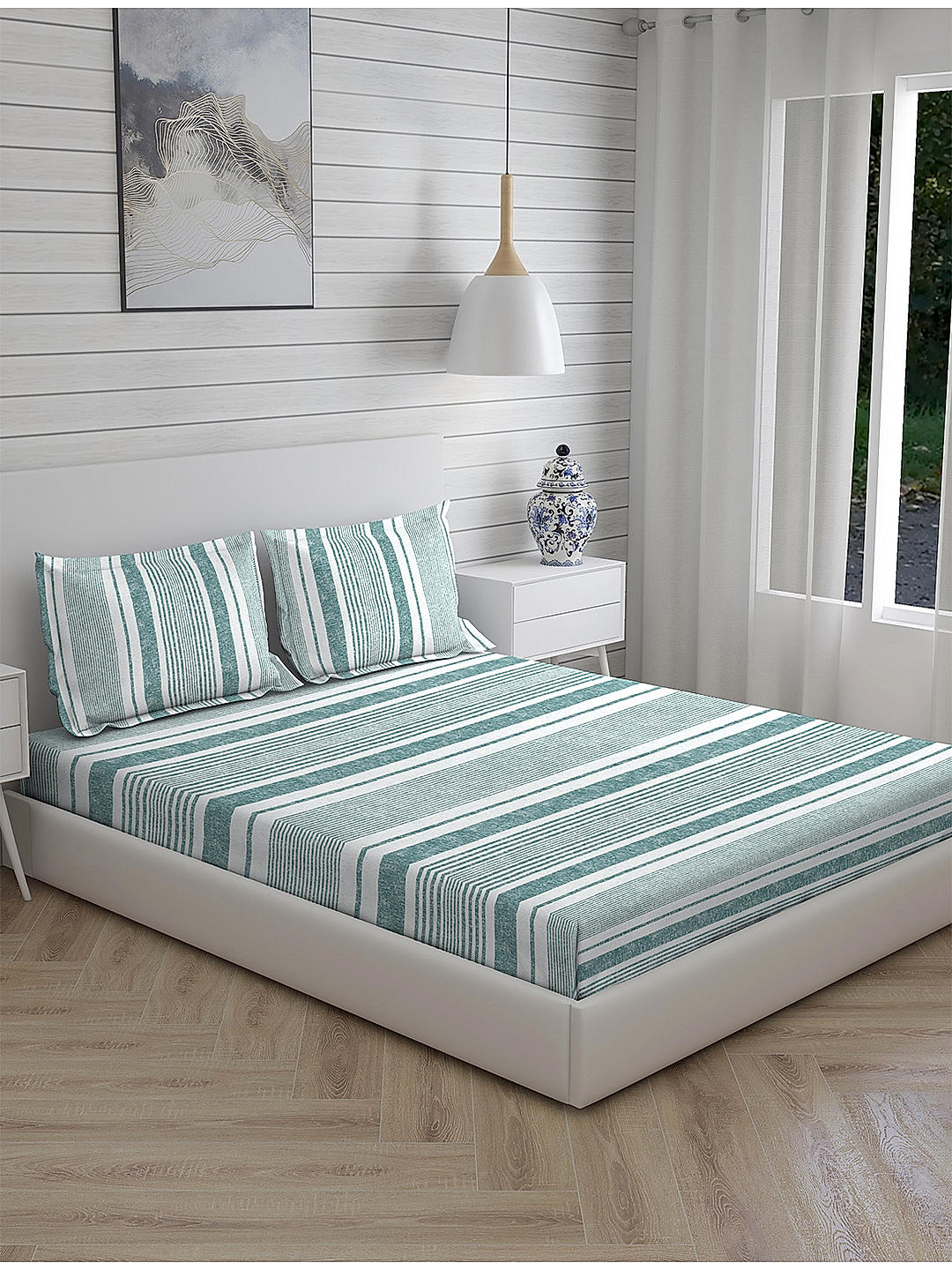Signature Sateen 300 TC 100% cotton Ultra Fine Blue Colored Stripes Print King Bed Sheet Set