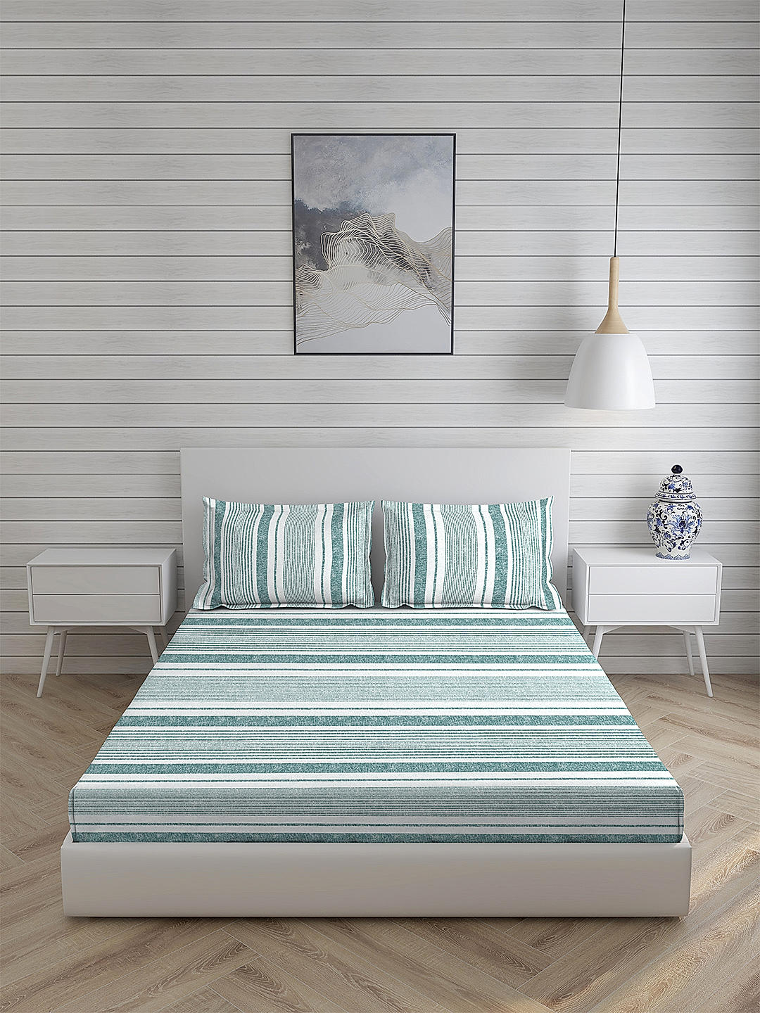 Signature Sateen 300 TC 100% cotton Ultra Fine Blue Colored Stripes Print King Bed Sheet Set