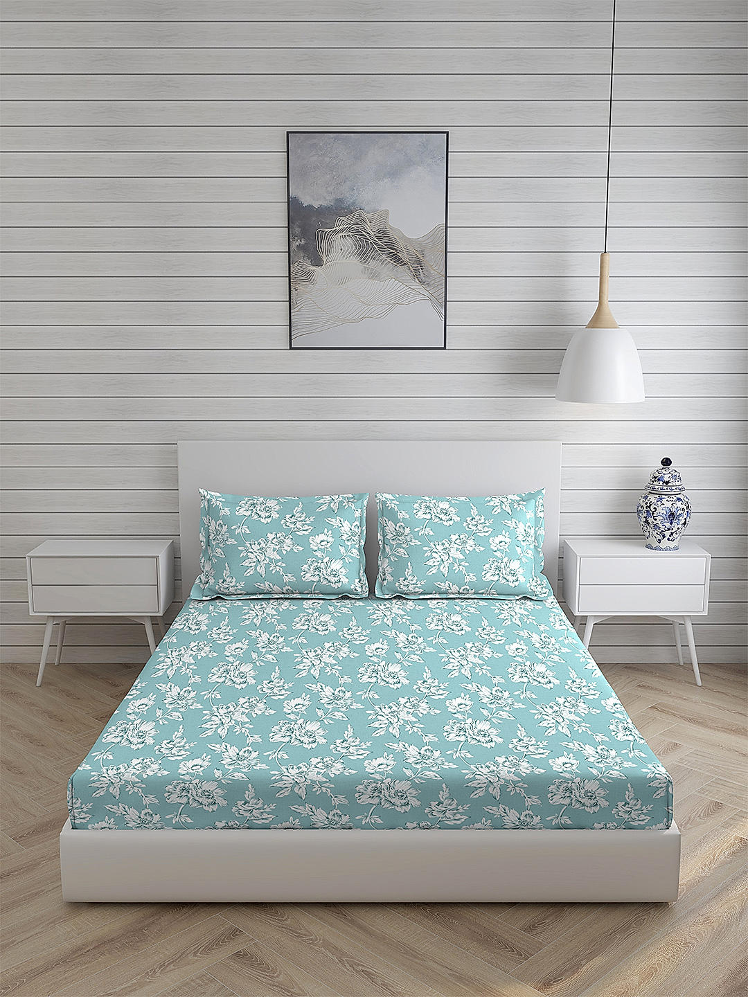 Signature Sateen 300 TC 100% cotton Ultra Fine Blue Colored Floral Print King Bed Sheet Set