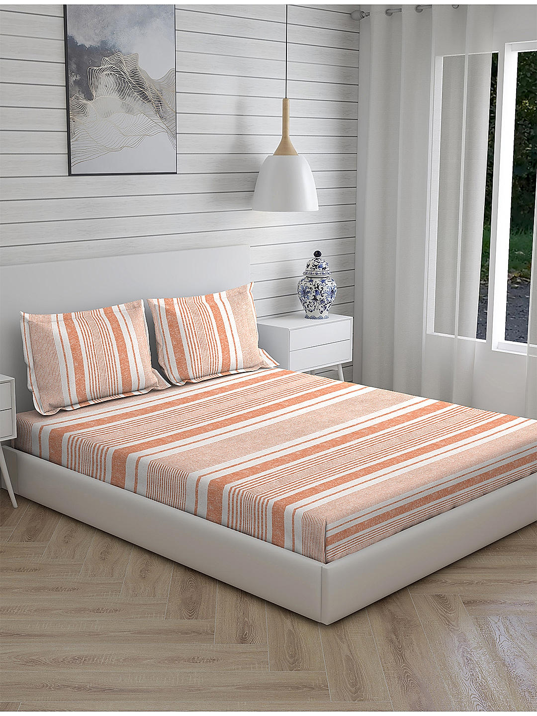 Signature Sateen 300 TC 100% cotton Ultra Fine Coral Colored Stripes Print Fitted Bed Sheet Set