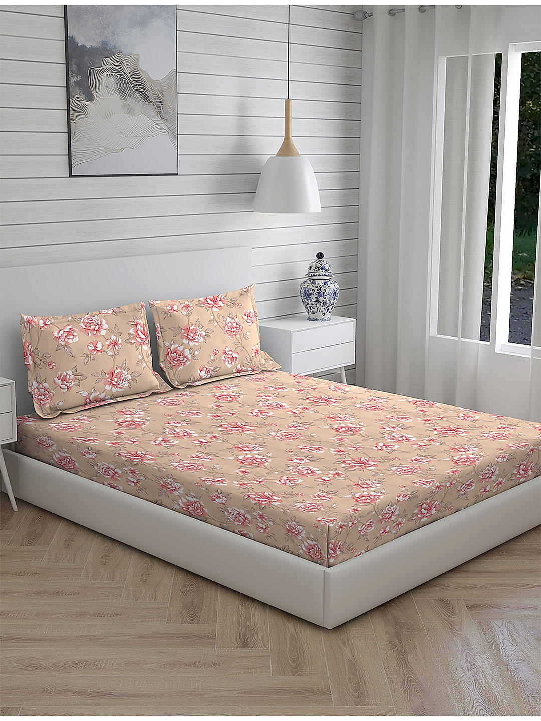 Signature Sateen 300 TC 100% cotton Ultra Fine Multi Colored Floral Print Fitted Bed Sheet Set