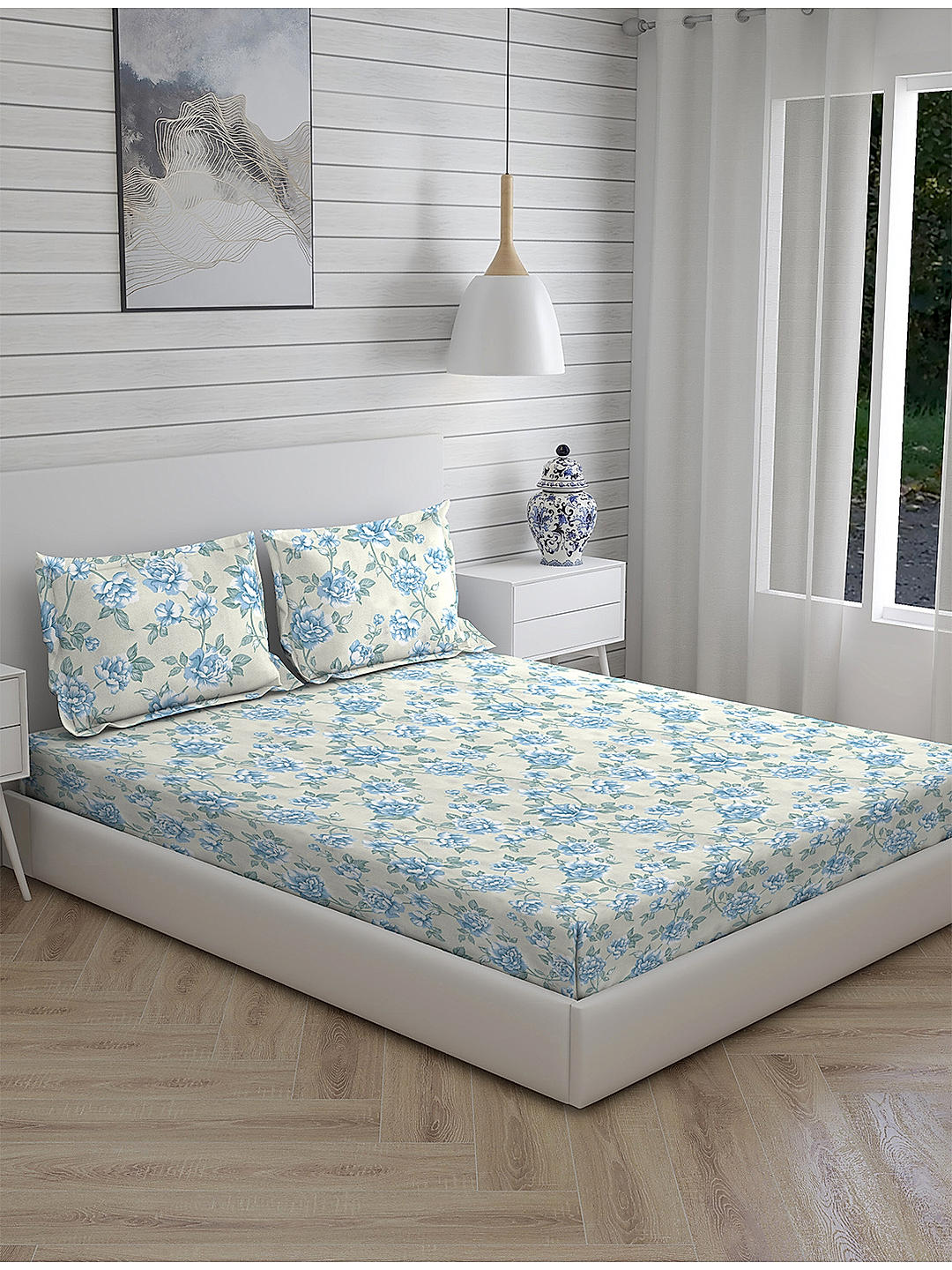Signature Sateen 300 TC 100% cotton Ultra Fine Light Blue Colored Floral Print Fitted Bed Sheet Set