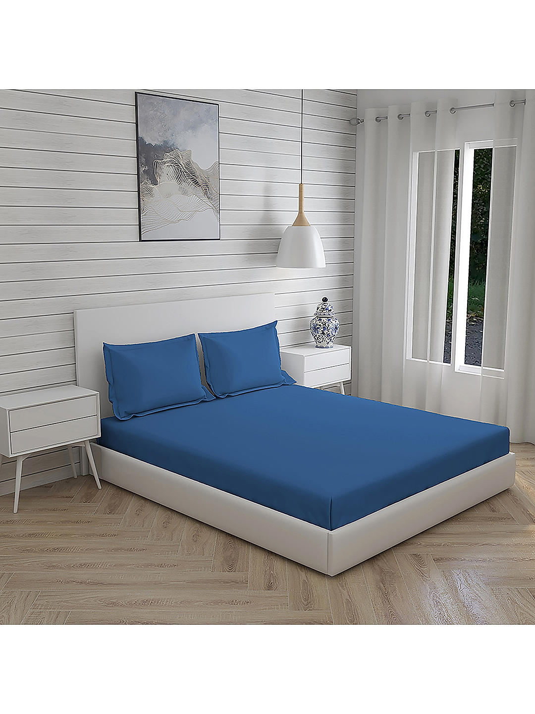 Kalpavriksha 300 TC 100% cotton Ultra Fine Blue Colored Solid Print King Bed Sheet Set