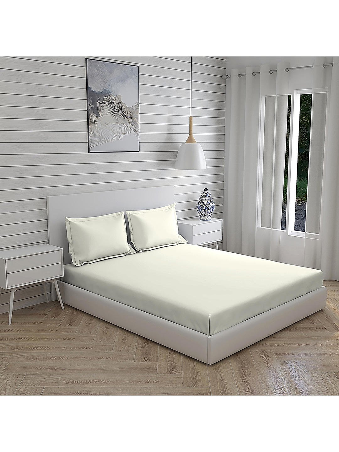 Kalpavriksha 300 TC 100% cotton Ultra Fine Ivory Colored Solid Print King Bed Sheet Set
