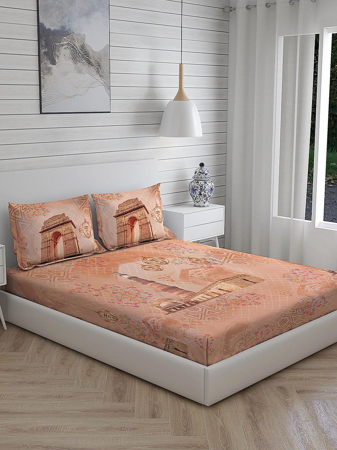 City Saga 270 TC 100% cotton Super Fine Orange Colored Indian Print King Bed Sheet Set