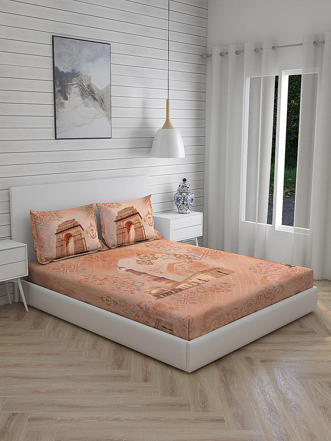 City Saga 270 TC 100% cotton Super Fine Orange Colored Indian Print King Bed Sheet Set