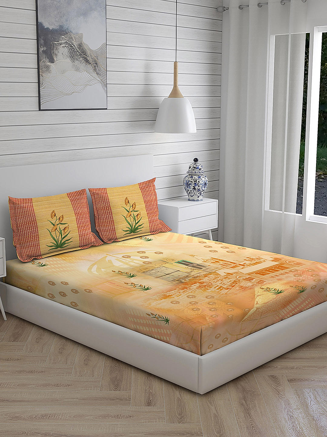 City Saga 270 TC 100% cotton Super Fine Yellow Colored Indian Print King Bed Sheet Set