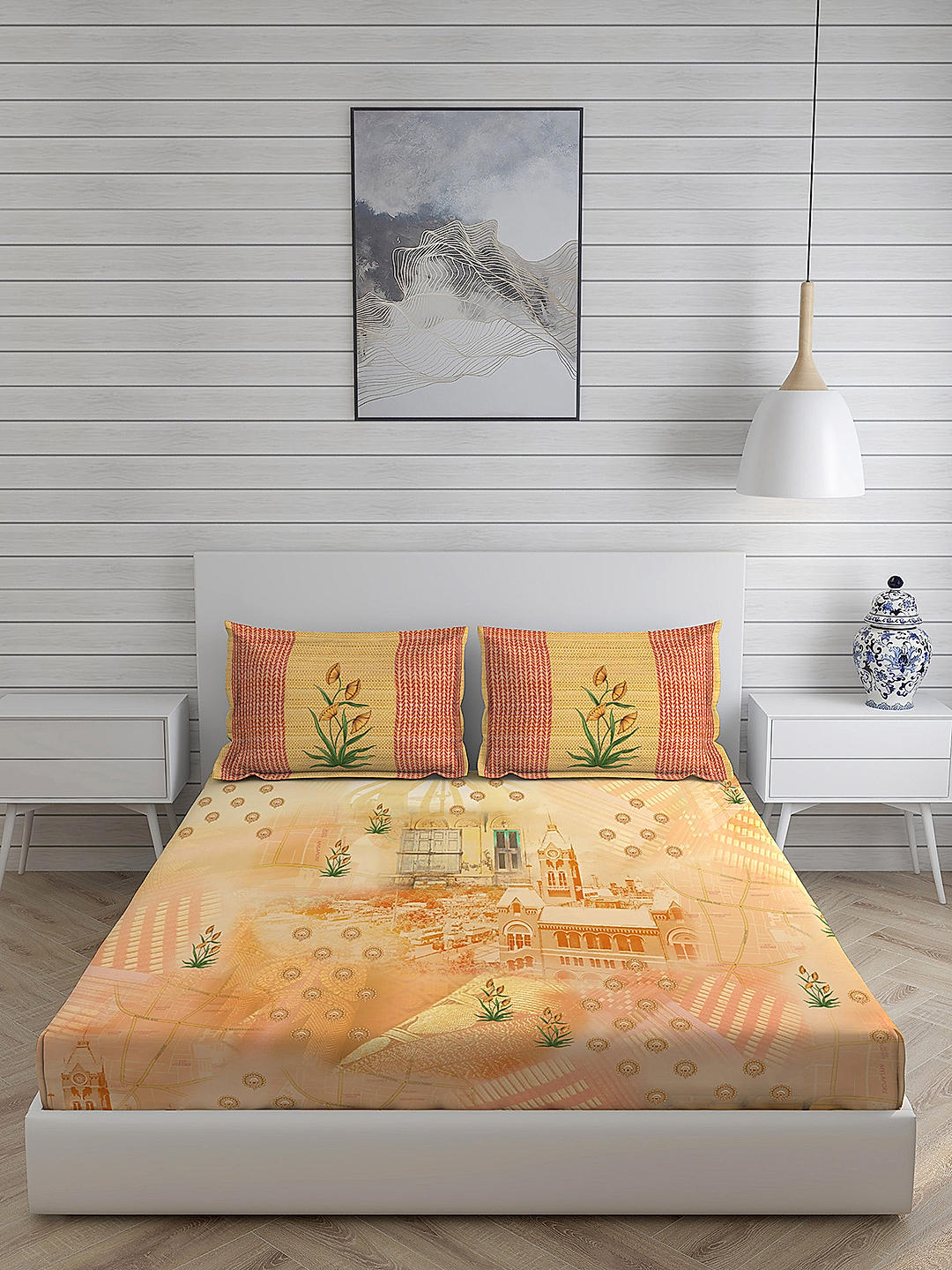 City Saga 270 TC 100% cotton Super Fine Yellow Colored Indian Print King Bed Sheet Set