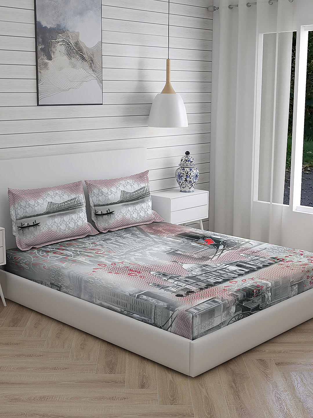 City Saga 270 TC 100% cotton Super Fine Grey Colored Indian Print King Bed Sheet Set