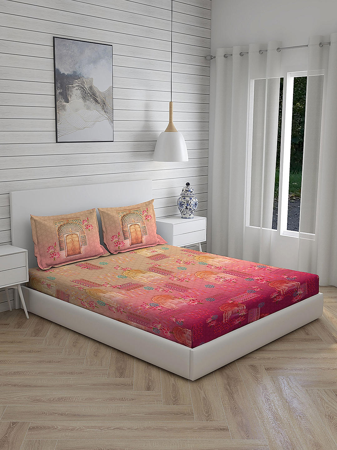 City Saga 270 TC 100% cotton Super Fine Brown/Pink Colored Indian Print King Bed Sheet Set