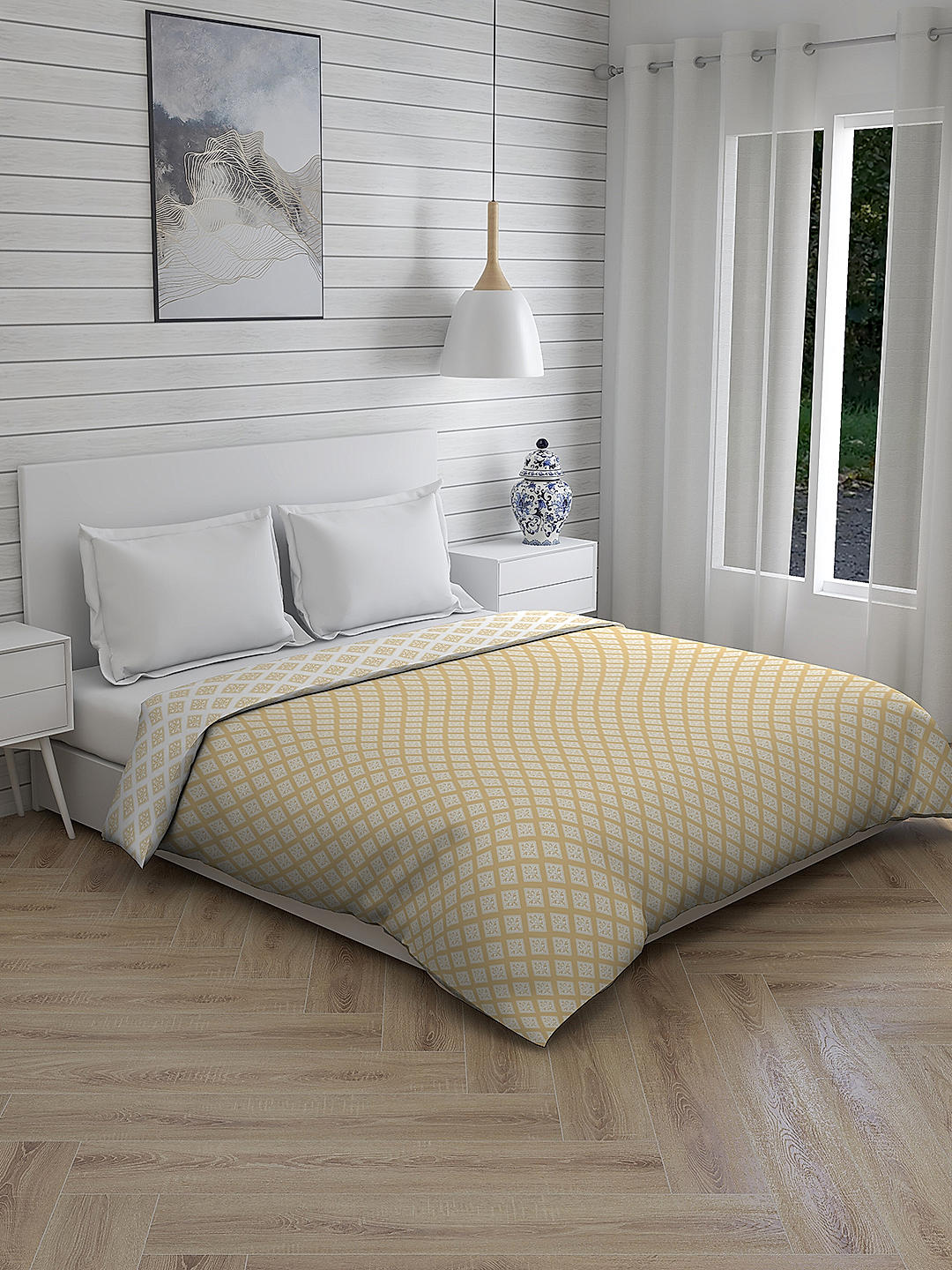Cottage Garden Caressa 250 TC 100% cotton Ultra Fine Yellow Colored Geometric Print Double Comforter