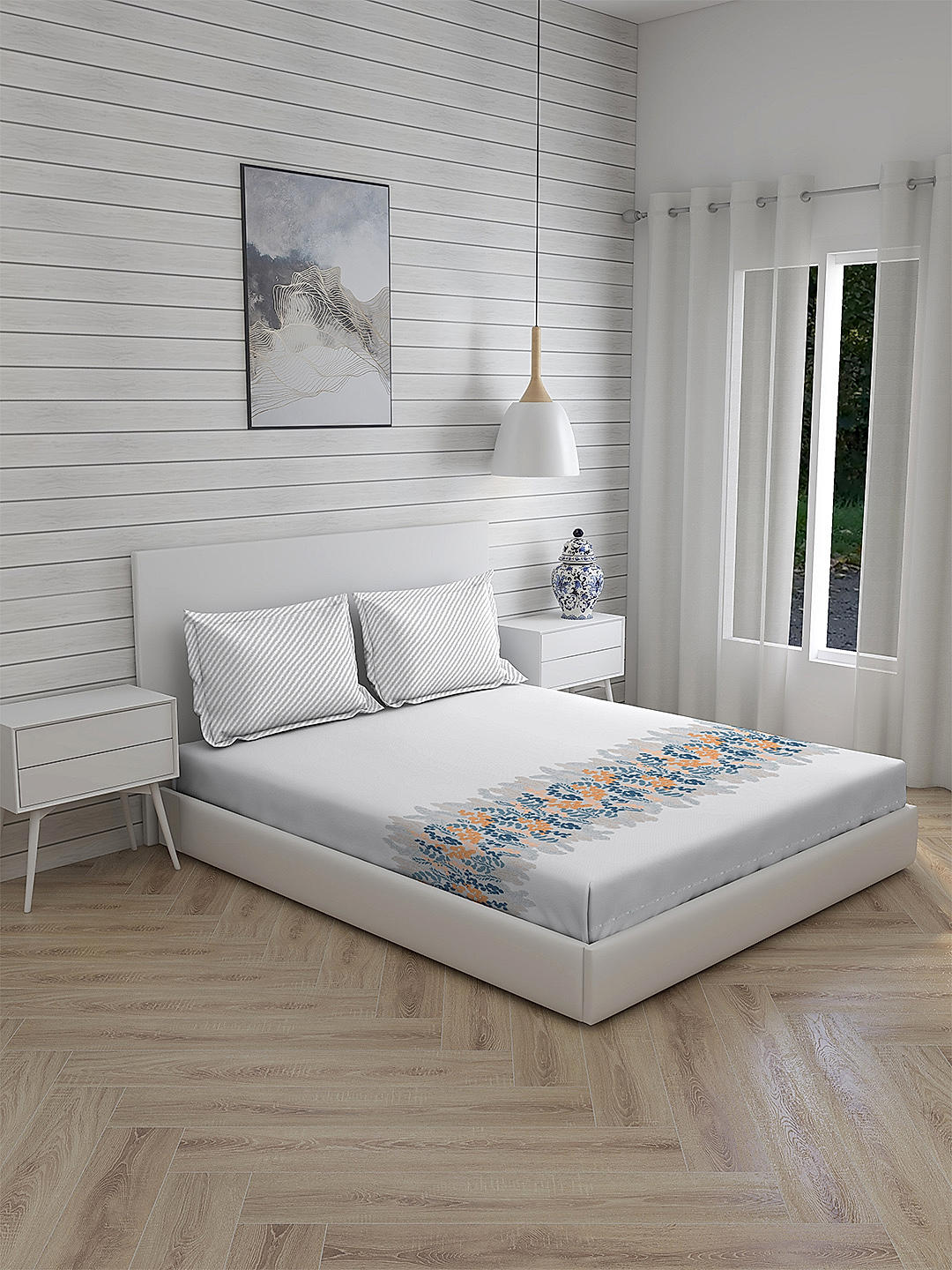Cottage Garden-2 300 TC 100% cotton Ultra Fine Grey Colored Floral Print Double Bed Sheet Set
