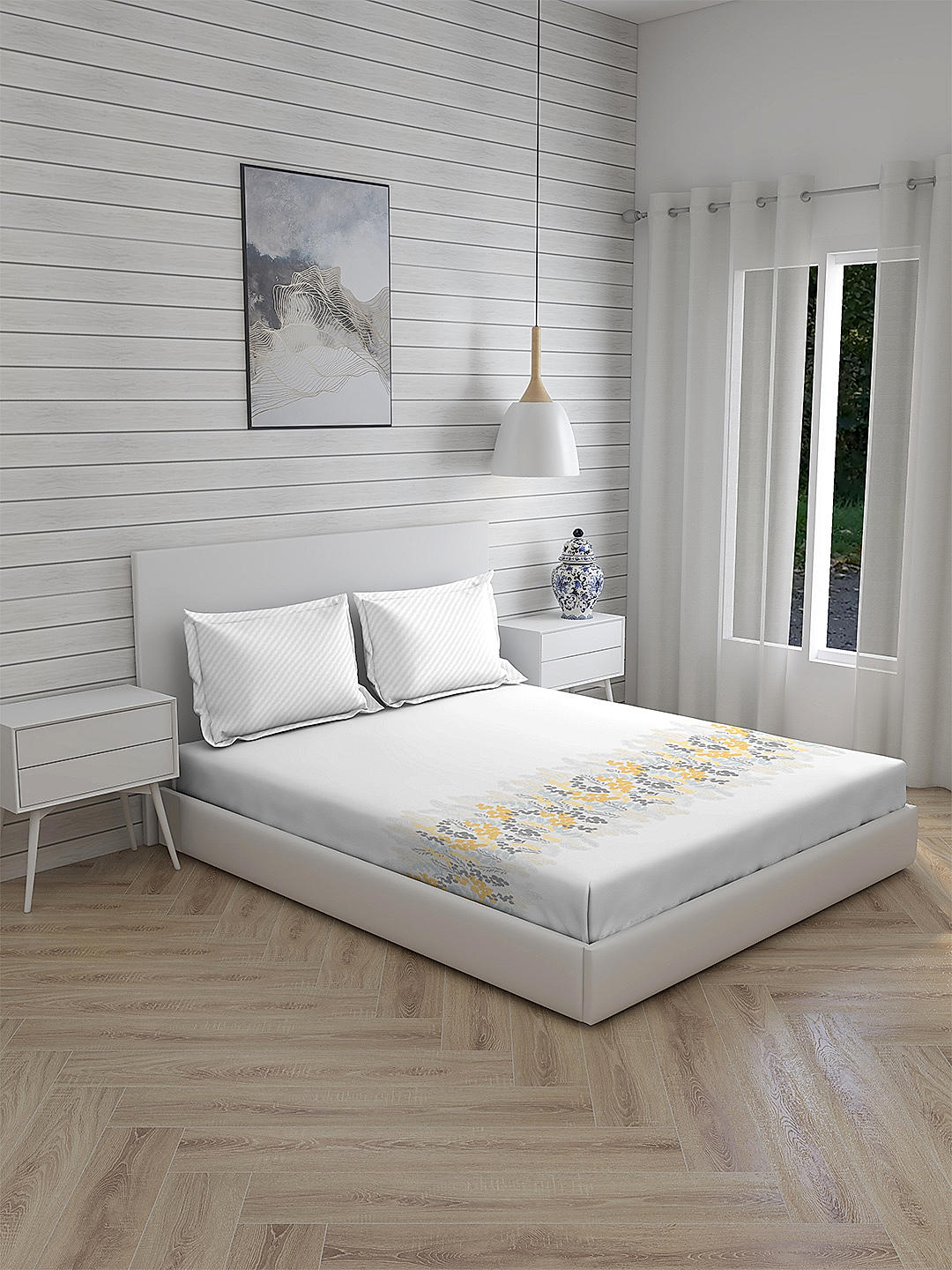 Cottage Garden-2 300 TC 100% cotton Ultra Fine White Colored Floral Print Double Bed Sheet Set