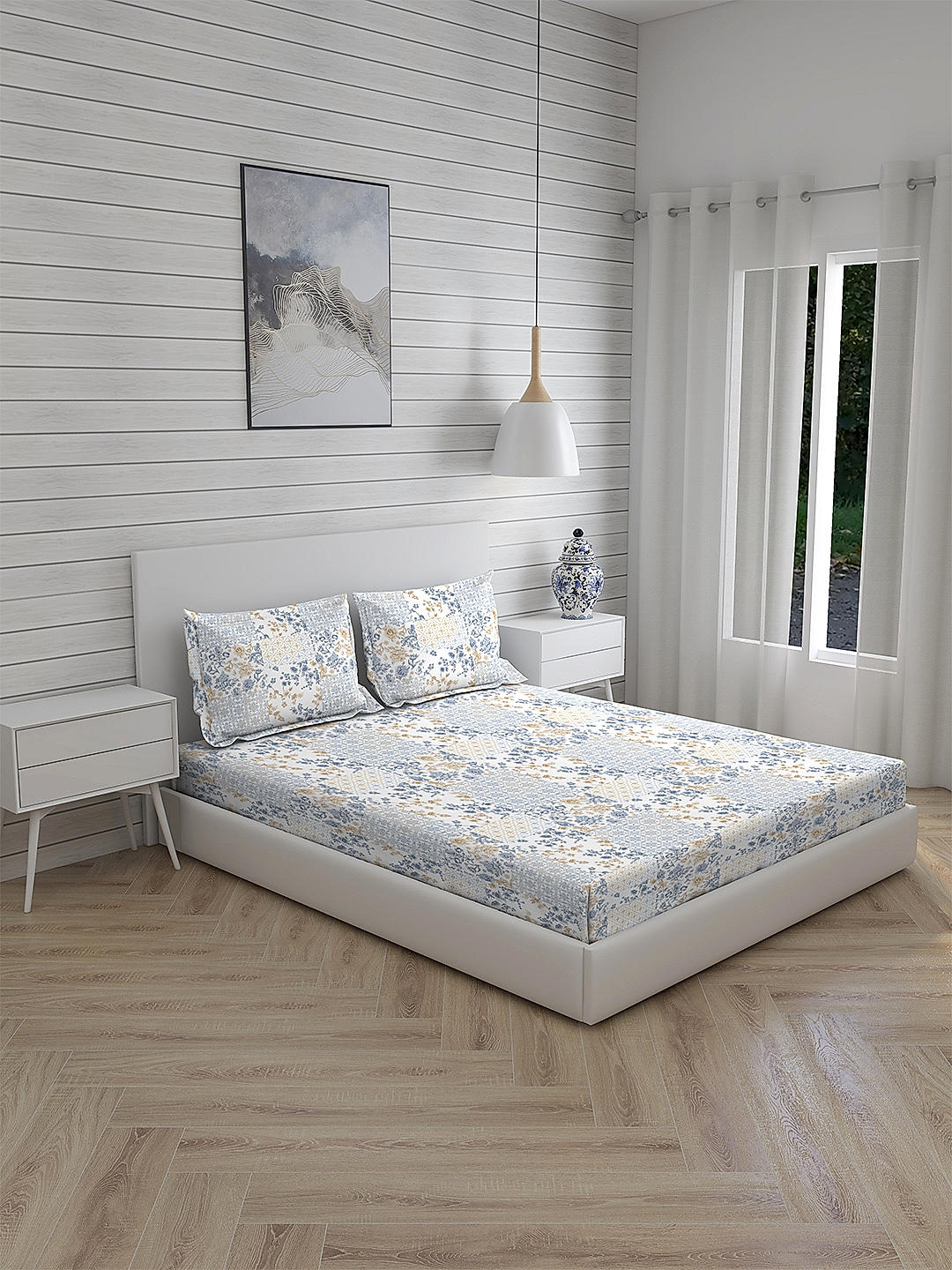 Cottage Garden-2 300 TC 100% cotton Ultra Fine White/Blue Colored Floral Print Double Bed Sheet Set