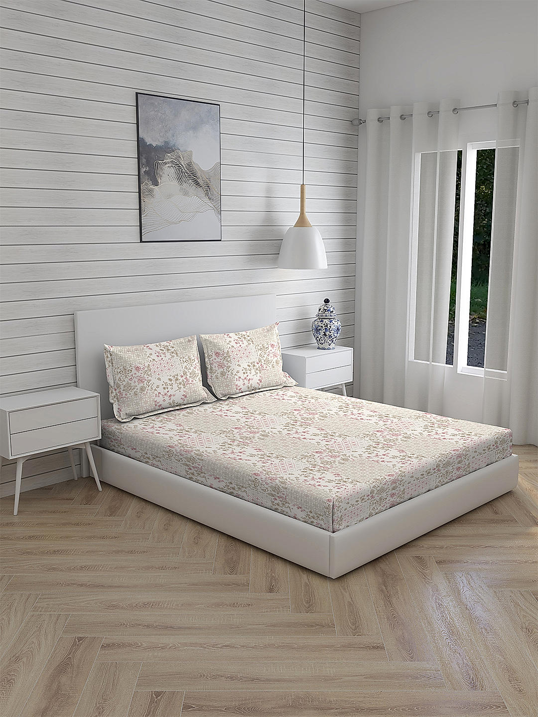 Cottage Garden-2 300 TC 100% cotton Ultra Fine Beige Colored Floral Print Double Bed Sheet Set