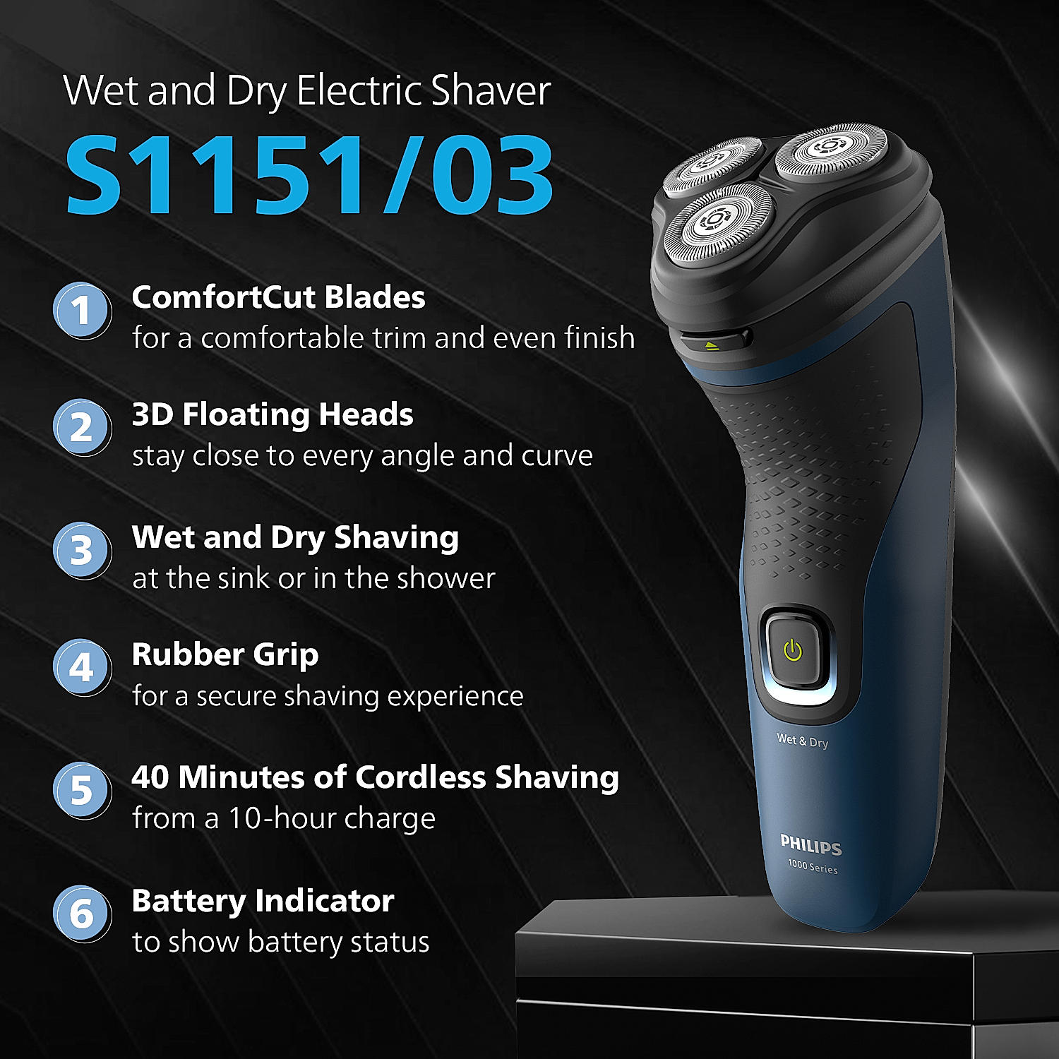 Electric Shaver I Wet and Dry Shave 3D Floating Heads 27 Self Sharpening Blades Cordless Waterproof S1151 03